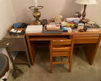 Desk, chair, file drawer, misc