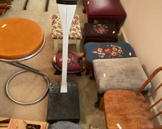 child's chair, several foot stands/ottomans, scales, shoe stretchers, 