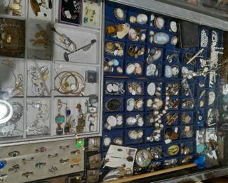 Large selection of cameos, some gold ladies and men's rings,  Tiffany &Co sterling and Guilloche enamel desk clock, diamond stud earrings and more