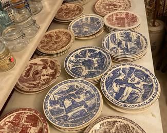 blue/white and red/white transferware collectable plates