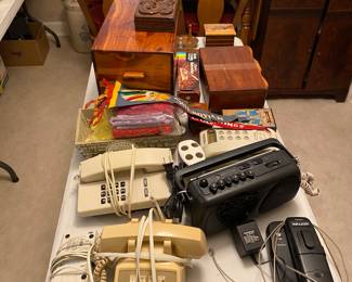 old telephones, misc boxes