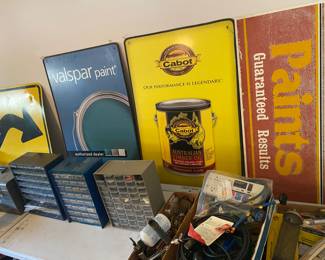 Retired Road Sign. Other Advertising Signs. Multi drawer cabinets with clock parts. Tools