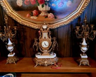 Circa 1890-1900 3 piece French brass and marble clock set
