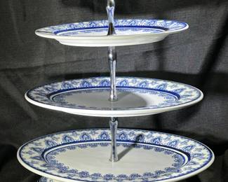 Triple tiered blue and white serving piece