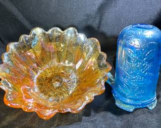 Stunning iridescent Carnival glass bowl and candle holder