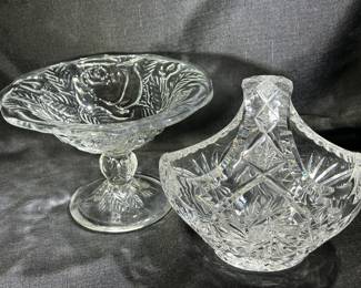 Lead crystal starburst pinwheel cut basket & floral pedestal candy dish