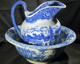 Blue and white Ironstone Flow Blue water pitcher & basin, Victoria Ware 