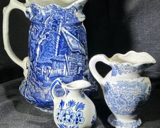 Blue and white vintage pitchers. There are seven main shades of blue to include navy, royal, turquoise, aqua, and periwinkle.