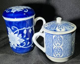 Blue & white lidded mugs