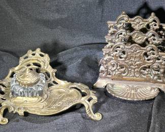 Brass inkwell set and letter organizer 