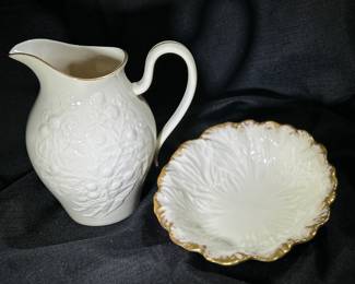 Blackberry Collection pitcher and gold rimmed cabbage leaf bowl by Lenox