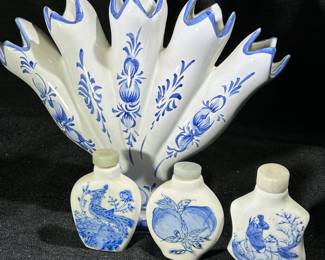 Vintage five finger bud vase & a trio of tiny bottles 