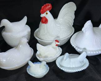 Vintage milk glass hens on nests
