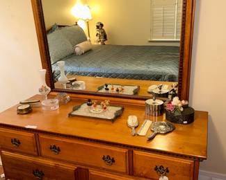 Solid maple bedroom suite including dresser with mirror, queen bed, chest of drawers 
