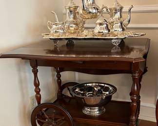 Vintage wooden beverage cart & silver plated tea service