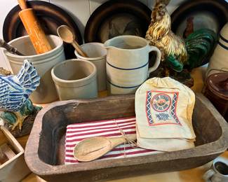 Crocks, dough bowls, roosters