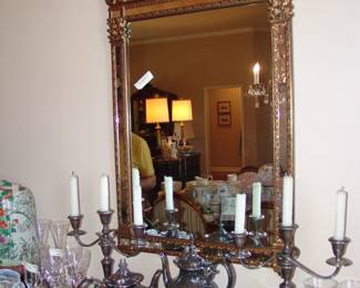 Sterling silver candleabras and mirror