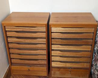 Danish Mid Century Modern 7-Drawer Teak Filing Cabinets with Tambour Doors 19.5w 15d 30h