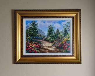 Shaefer Miles framed painting "Delightful Garden" Signed Serigraph on Canvas 25.25w 20.5h