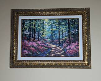 Shaefer Miles framed painting "Woodland Walk" Giclee on Canvas Embellished 39.5w 29.5h
