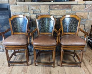Swivel Bar Stools with Tin Back, Faux Leather Seat x3 23w 25d 43h