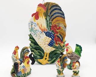 Fitz & Floyd Ricamo Rooster and Hen Platter, Napkin Holder & Salt and Pepper, plus Napco Rooster Decoration