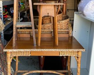 Vintage Plant Stand, Small Side Table, and Rattan Desk/Table