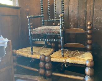 19th Century French Bobbin Child's Chair and  2 Rustic Stray Chair in Carved Wood with Boxwood Finish French Brutalist Folk Art.