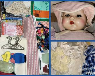 Doll Clothes, Fabrics, Tiny Metal Doll Clothes Hangers and Fabric