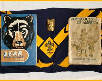 Boy Scout Items; 1949 and 1918 Boy Scout Books, Boy Scout Statue of Liberty Scarf Slide and Scarf 