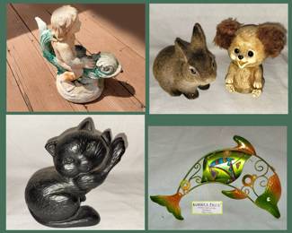 Cement Boy Riding a Fish Fountain, Cute Banks, Cast Iron Door Stop and Small Metal Dolphin