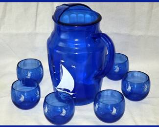 Cobalt Blue Glass Pitcher and Glasses