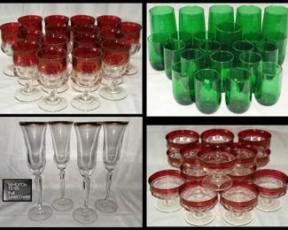 Ruby Flash King's Crown Stemware, Green Glass Tumblers and Juice Glasses and Wheaton Champagne Flutes Marked 