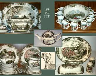 Very Nice Johnson Bros China Set. 138 Piece Set; The Friendly Village. It includes a very large Soup Tureen, Covered Butter Dish, Teapot, Large Platters, Punch Bowl and Cups, Gravy Boat and Creamer and Sugar