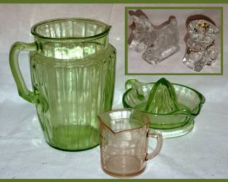 Large Vaseline Glass Pitcher, Juicer and Measuring Cup 2 Small Glass Dogs