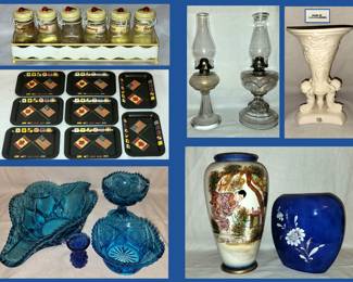 Metal and Glass Condiments in Metal Tray, Antique Oil Lamps, Vase made in Czechoslovakia, Blue Glass and Asian Vases 