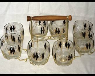Mid Century Modern Federal Glass Set; Roly Poly Glasses with Caddy 