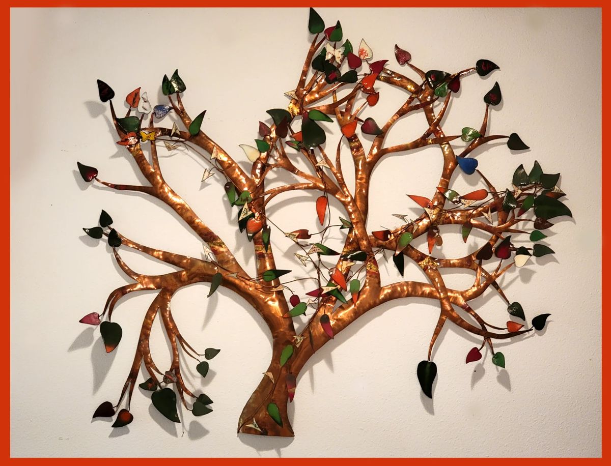 One of Kind Large Copper and Enamel Tree Sculpture; Hand Made Family Piece