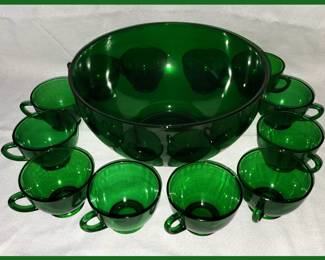 Vintage Green Glass Punch Bowl and Cups; there is a base for the punch bowl