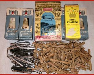 Vintage Hair Dyes and Wooden and Metal Hair Rollers