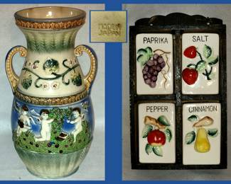Vintage Majolica Vase; Made in Japan and Vintage Spice Holders; Made in Japan 