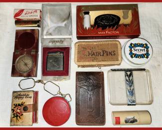 Vintage Lipsticks, Lucite Cigarette Case, Vintage Kreisler Lighter in Case, Antique Folding Compass, Folding Spectacles, Tiny Playing Cards and More