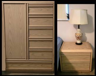 Bedroom Set Showing Chest and One of Two Nightstands also has Queen Bed and Dresser with Mirror