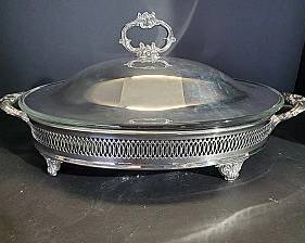 Oval Serving Dish with Silver Plated Footed Stand 