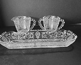 Love Lace (Etched Crystal) Creamer, Sugar Bowl and Celery Bowl