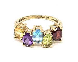 Fun 10K Yellow Gold Ring Holding Five Faceted Semi Precious Gems in a Five Prong Set - Size 5 - Total Weight 3.0