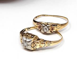 Set of Two Antique 10k Yellow Gold Rings with Small Diamond Center Stone in White Gold To Enhance - 2.4g