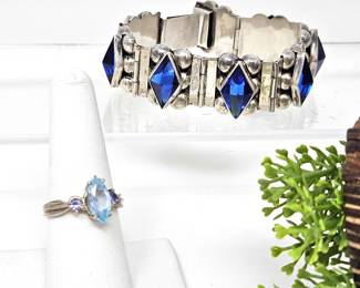Mexican Sterling Panel Bracelet w/ Pretty Blue Glass Stones Plus Sterling Blue Topaz & Iolite Ring Sz 8