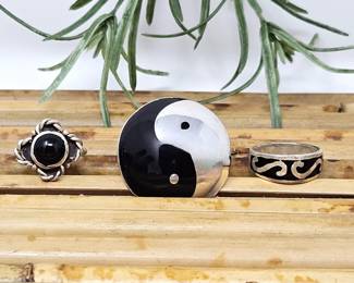 Three Pc Sterling Set - Domed Yin Yang Sterling Brooch/Pendant Plus Two Sterling & Onyx Rings sizes 7 & 8.5