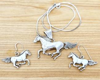 Horse Lovers Set of Sterling Pendant Necklace and Matching Earrings - 16" Snake Chain - Total Sterling Weight 21.9g